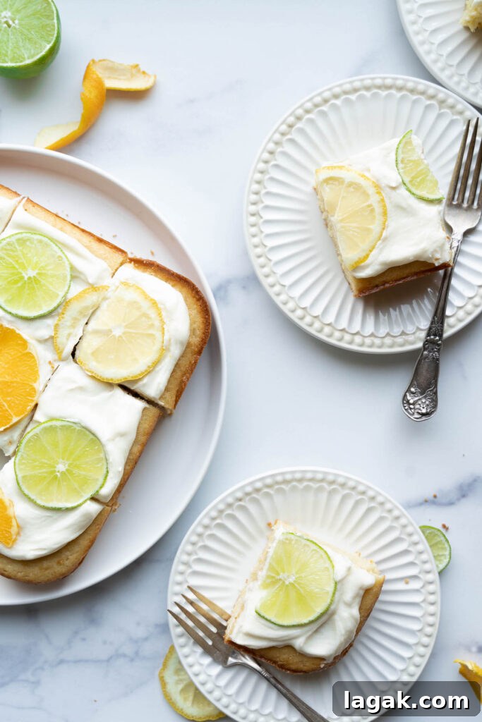 Moist Buttermilk Citrus Cake with Zesty Lemon Glaze 3 Slices of buttermilk citrus cake on plates
