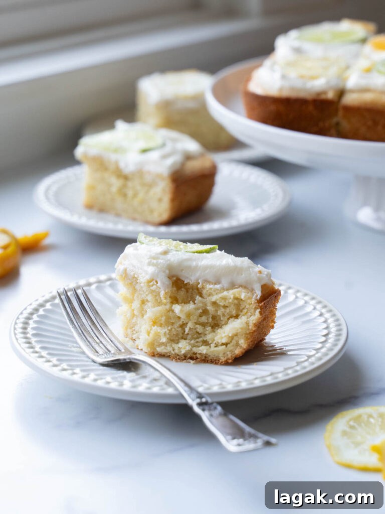 Moist Buttermilk Citrus Cake with Zesty Lemon Glaze 4 A piece of citrus cake on a plate