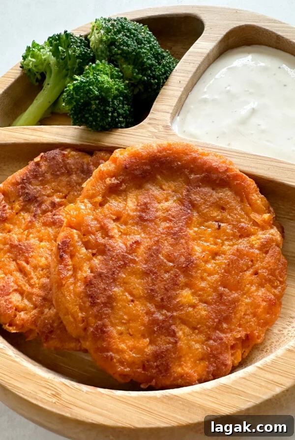 Crispy Chicken Nuggets with Veggie Dip and Hidden Veggies 10 Sweet potato fritters served with broccoli and a dip.