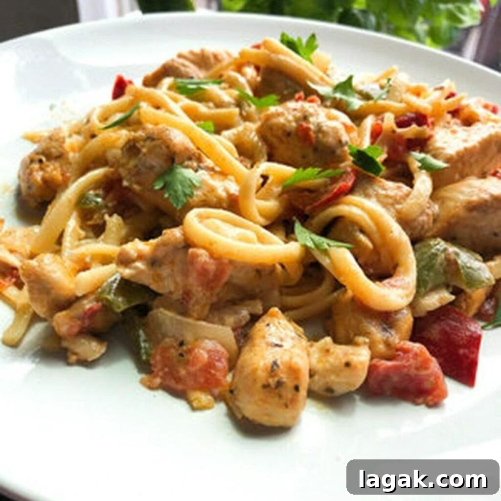 Fiesta Chicken Pasta Recipe: Zesty One-Pot Dinner Ideas 2 Fiesta chicken pasta on a white plate with bell peppers.