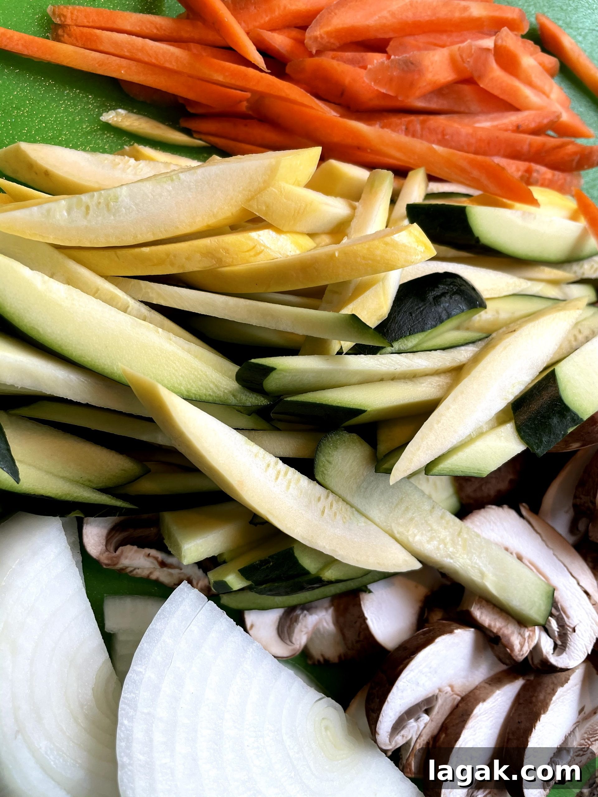 Uniform julienned vegetables for japchae Uniform julienned vegetables for japchae