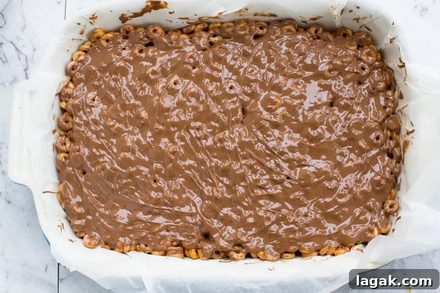 Peanut butter cheerio bars in the pan from above