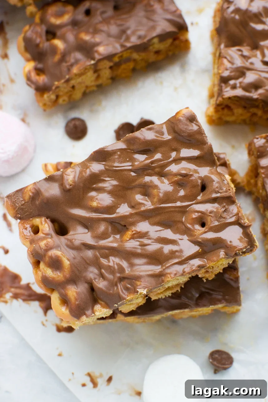 Addictive peanut butter Cheerio bars stacked - image from above