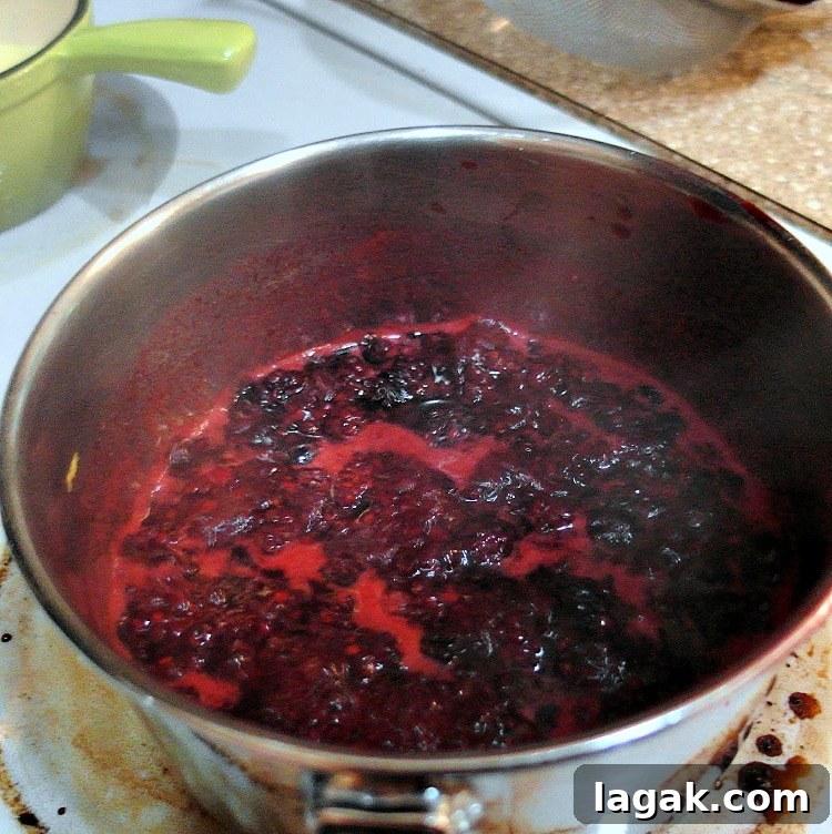 Blackberry Swirl Cheesecake Tart Recipe: Creamy No-Bake Dessert 4 A sauce pan full of blackberry puree reducing on the stove.