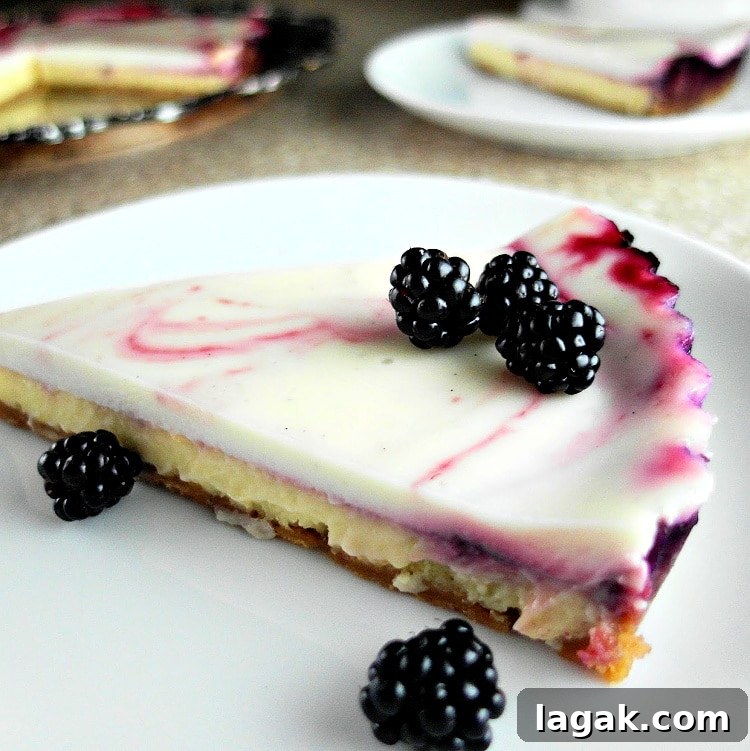 Blackberry Swirl Cheesecake Tart Recipe: Creamy No-Bake Dessert 6 A side view of a slice of blackberry swirl cheesecake tart on a white plate and garnished with whole fresh blackberries.