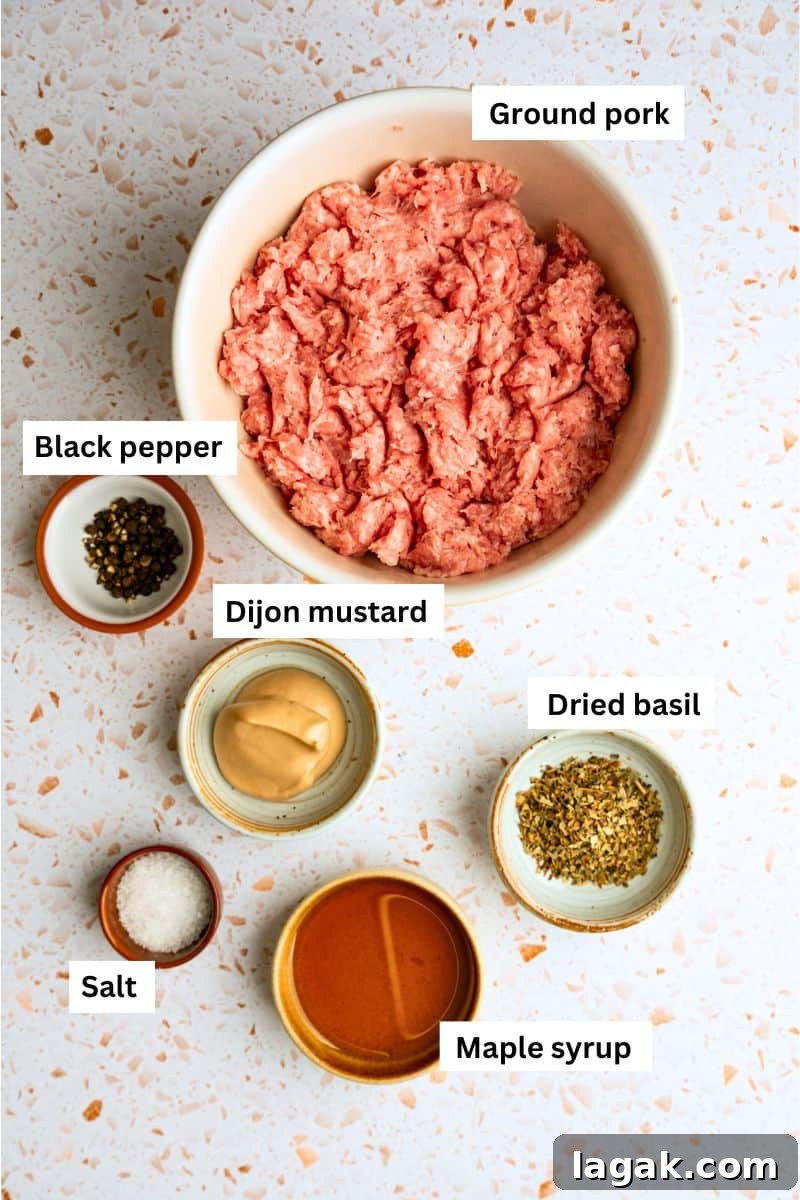 Juicy Ground Pork Burger Recipe for Flavorful Weeknight Meals 3 Different foods in bowls including ground pork, maple syrup, salt, pepper, dried basil, and dijon mustard.