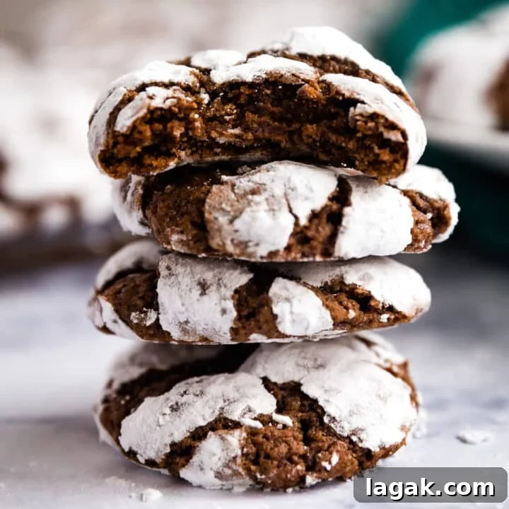 A stack of crinkle chocolate cookies with a bite taken out of the top cookie.
