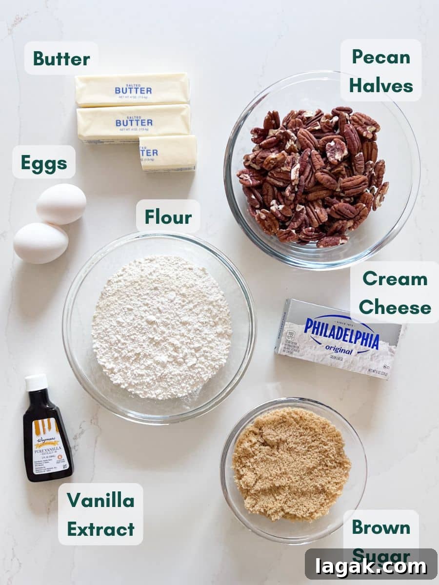 Grandma Rose’s Pecan Tassies Recipe for Perfect Bite-Sized Pies 4 An overhead image of labeled recipe ingredients.