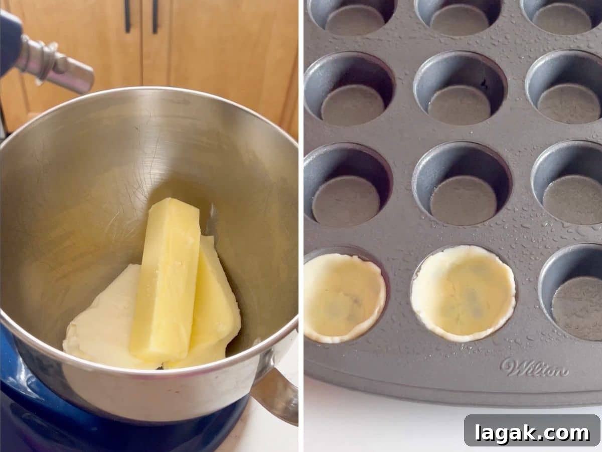 Grandma Rose’s Pecan Tassies Recipe for Perfect Bite-Sized Pies 5 Pastry ingredients in the stand mixer bowl and the pastry dough pressed into the cups of a mini muffin tin.