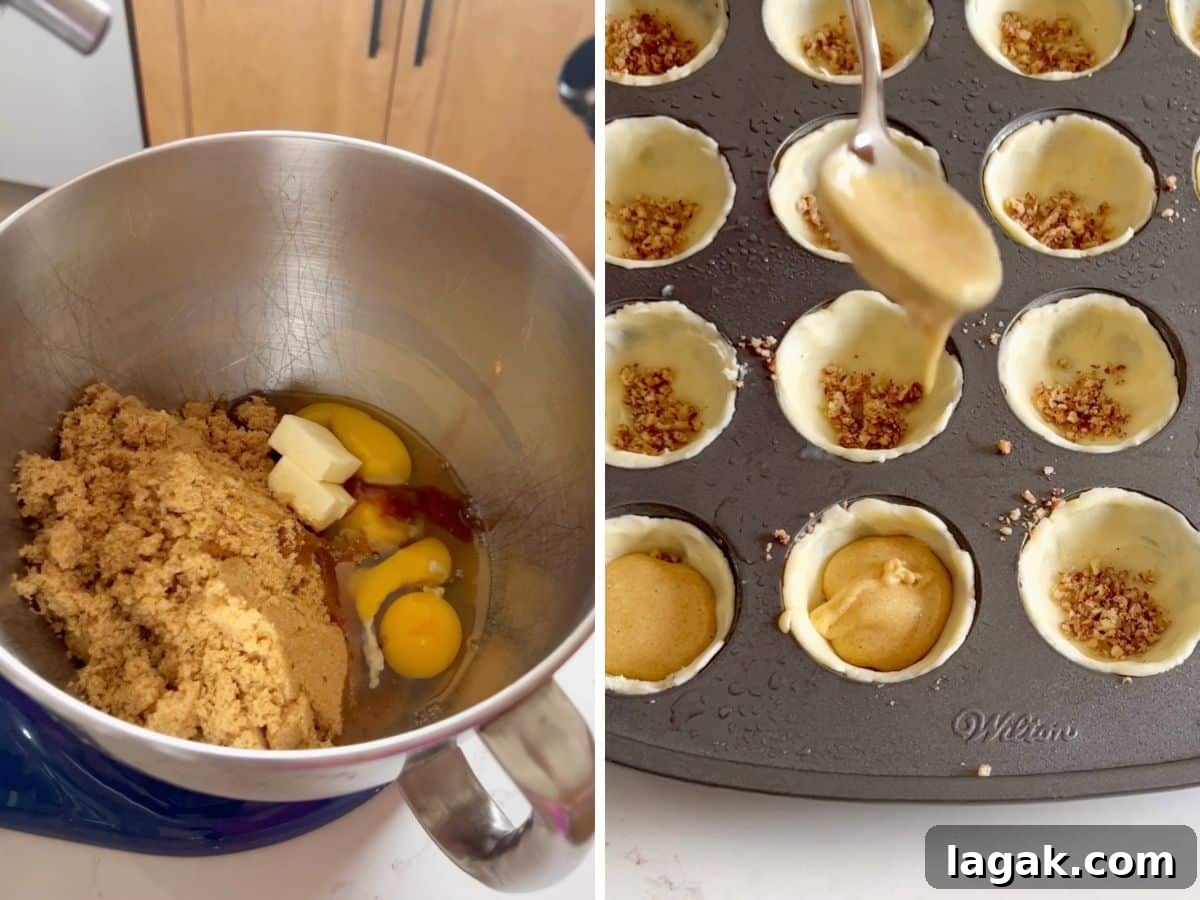 Grandma Rose’s Pecan Tassies Recipe for Perfect Bite-Sized Pies 6 Filling ingredients in a stand mixer bowl and a spoon placing filling into pastry dough with some crushed pecans at the bottom.