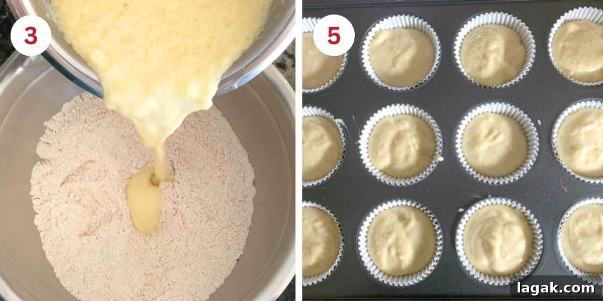 Gluten-Free Lemon Curd Cupcakes with Silky Citrus Filling 6 Photos showing mixing wet and dry ingredients together and the muffin batter.