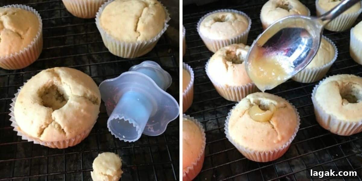 Gluten-Free Lemon Curd Cupcakes with Silky Citrus Filling 7 Photos showing how to scoop out the middle of the cupcakes and fill them with lemon curd.