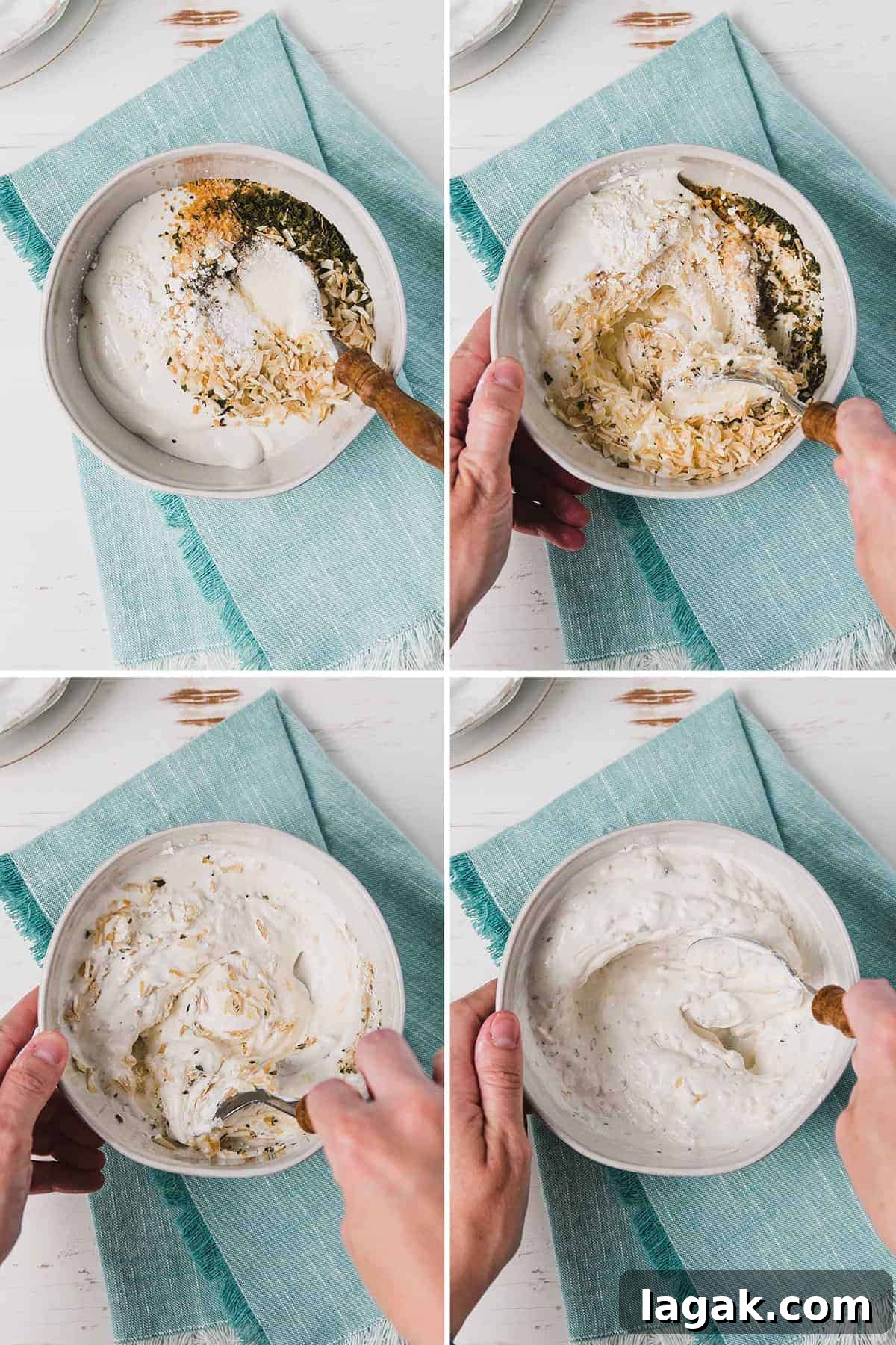 Gluten-Free French Onion Dip for Chips and Veggies 4 Sour cream and dried spices for gluten-free onion soup mix in a bowl, stirring together.