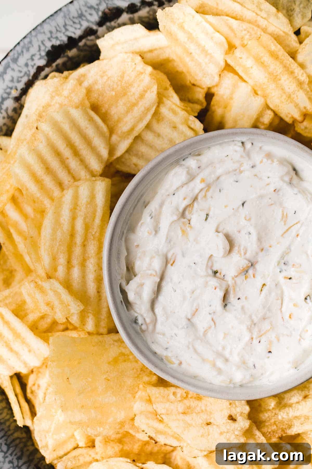 Gluten-Free French Onion Dip for Chips and Veggies 5 Close up of Gluten-free French onion chip dip in small bowl surrounded by wavy potato chips.