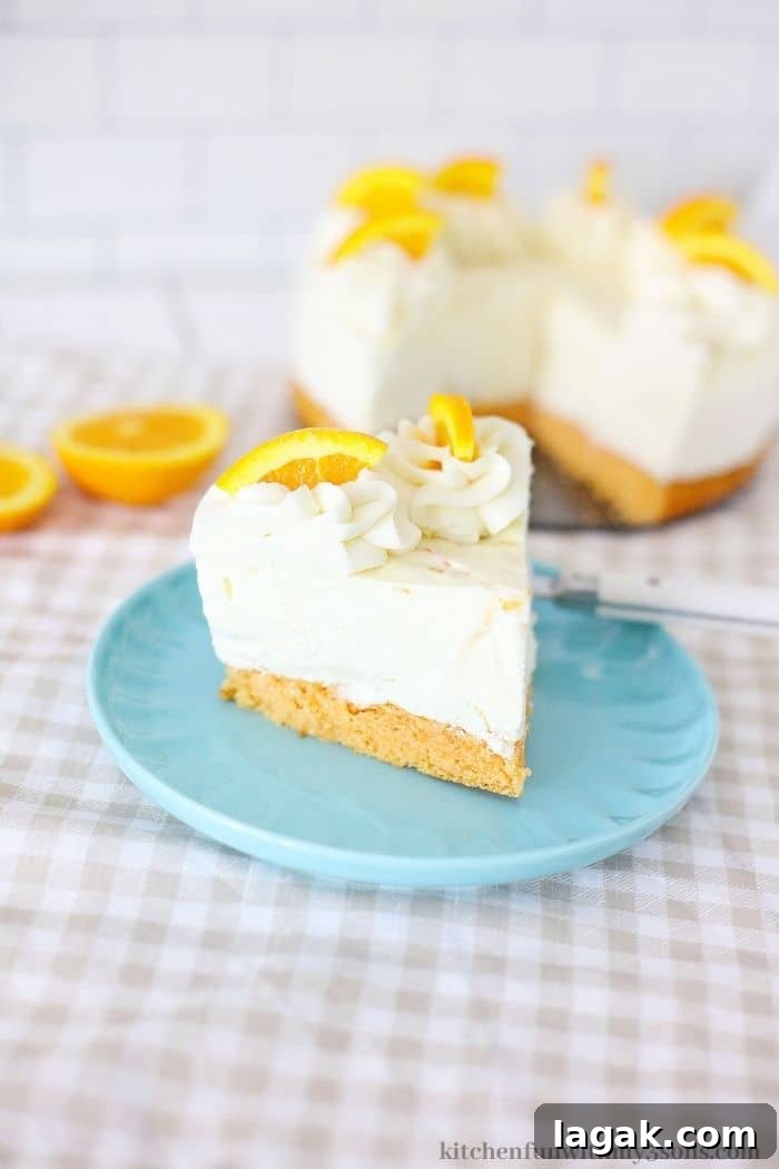No-Bake Orange Cream Cheesecake Recipe for Zesty Summer Desserts 2 A slice of cheesecake on a checkered table cloth.