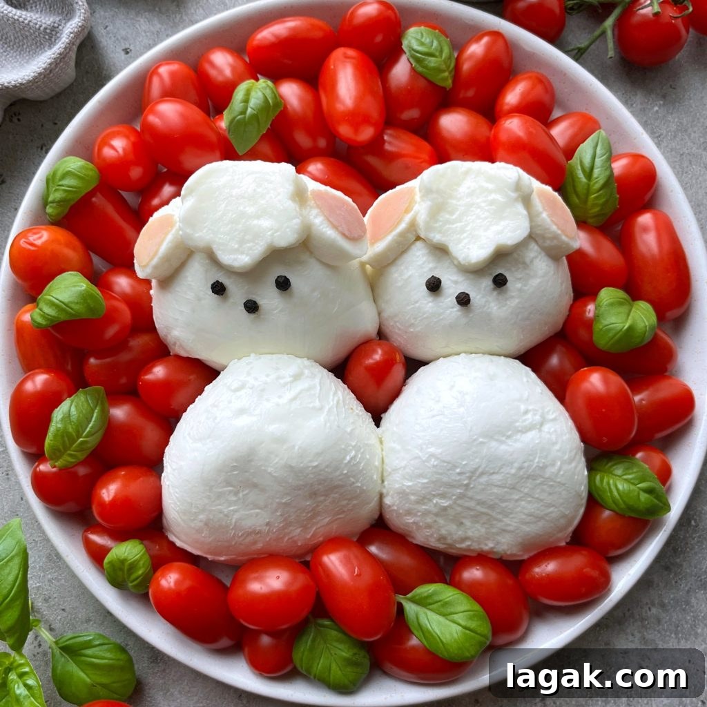 Easter Burrata Caprese Salad with Fresh Herbs and Tomatoes 2 A plate with cherry tomatoes and basil leaves, featuring mozzarella cheese shaped like two sheep faces with black peppercorn eyes, surrounded by more mozzarella as their bodies.