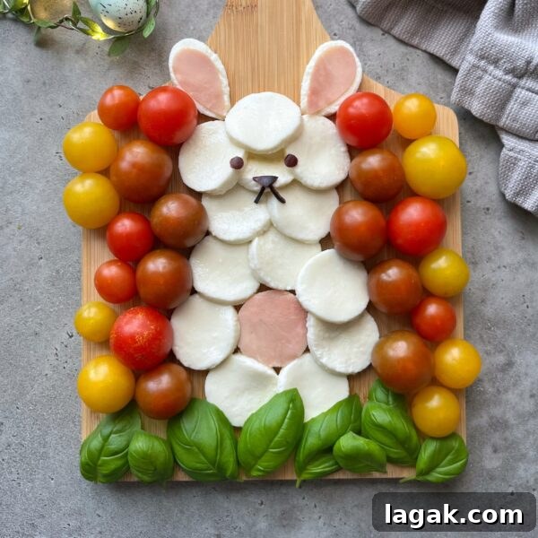 Easter Burrata Caprese Salad with Fresh Herbs and Tomatoes 3 A charcuterie board arranged to look like a bunny, featuring mozzarella, tomatoes, basil leaves.