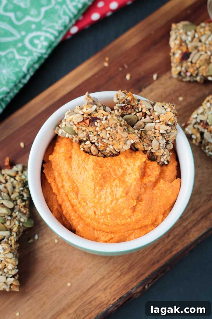 Seed crackers with hummus Bowl of red pepper hummus with two seed crackers dunked into one side.
