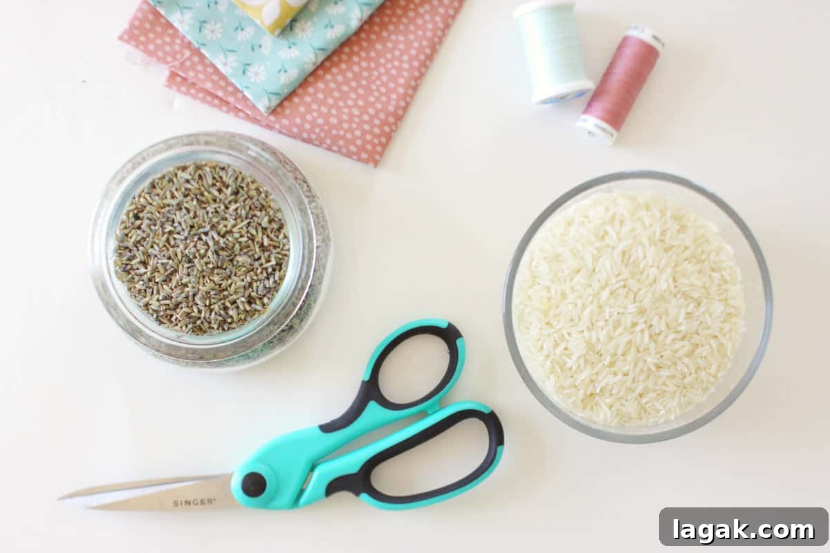 Make Lavender Sachets: A Beginner-Friendly Sewing Project 3 a pair of sewing scissors, fabric scraps, thread, a bowl of rice and a bowl of dried lavender
