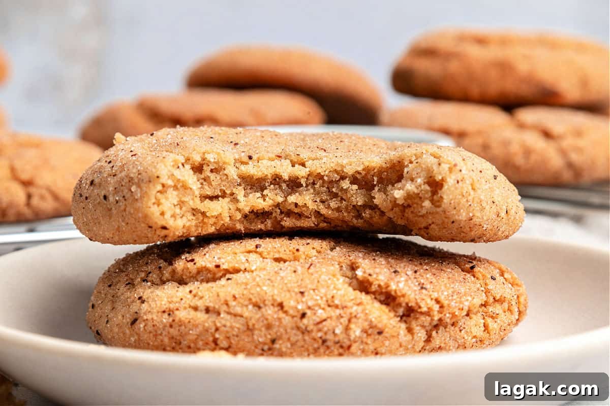 Chewy Browned Butter Snickerdoodle Cookies Recipe 3 White plate with two soft cinnamon cookies. Top one is bitten.