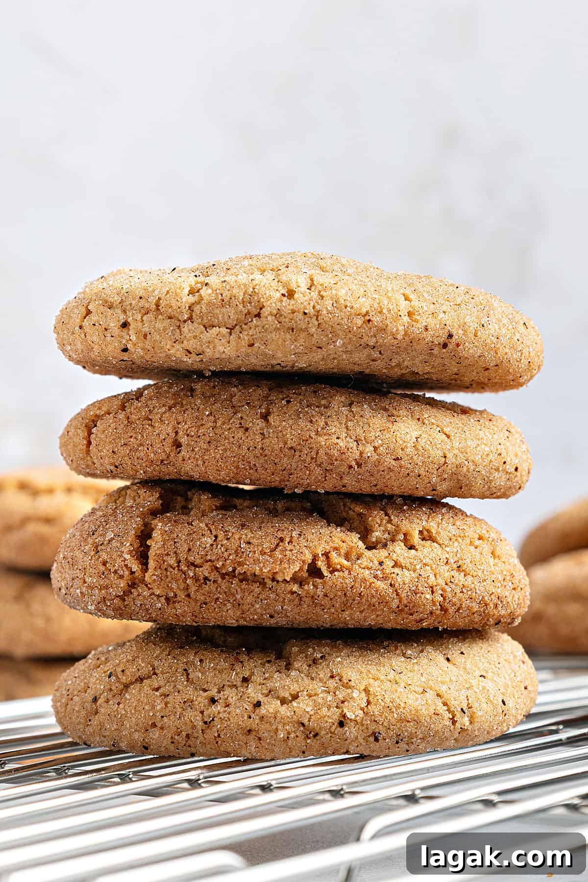 Chewy Browned Butter Snickerdoodle Cookies Recipe 4 Stack of snickerdoodles on a wire rack. Light gray background.