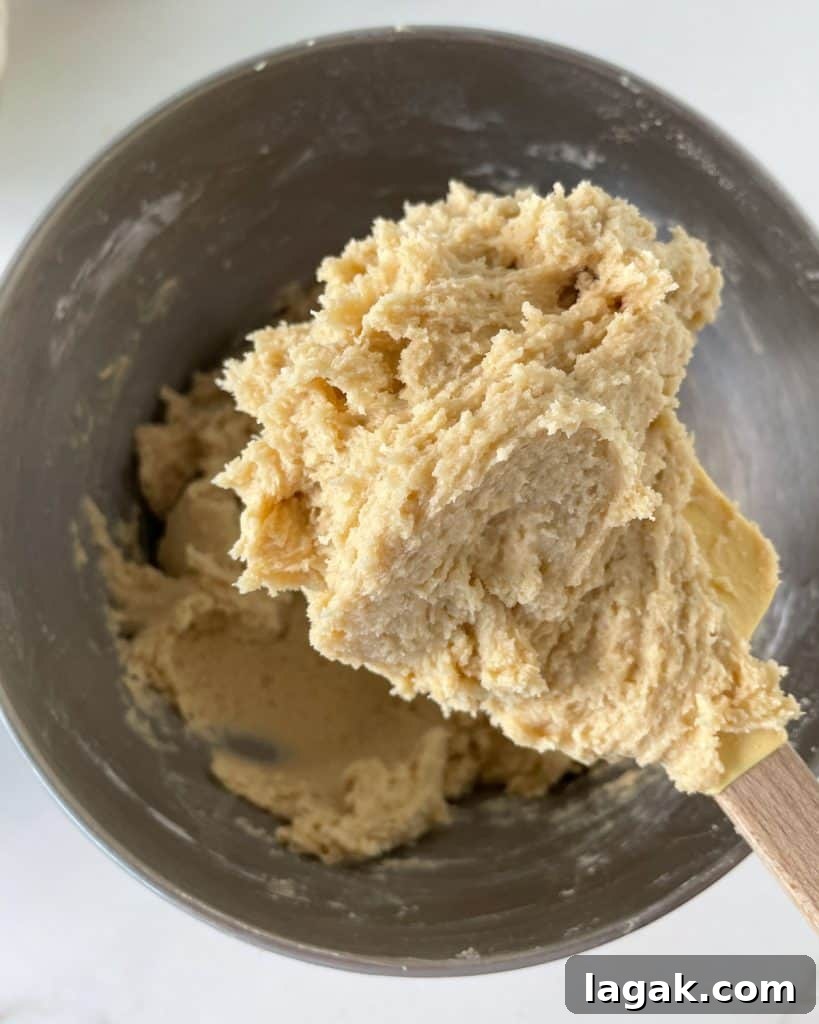 Chewy Browned Butter Snickerdoodle Cookies Recipe 6 Cookie dough on a wooden spoon above the metal bowl with rest of batter.