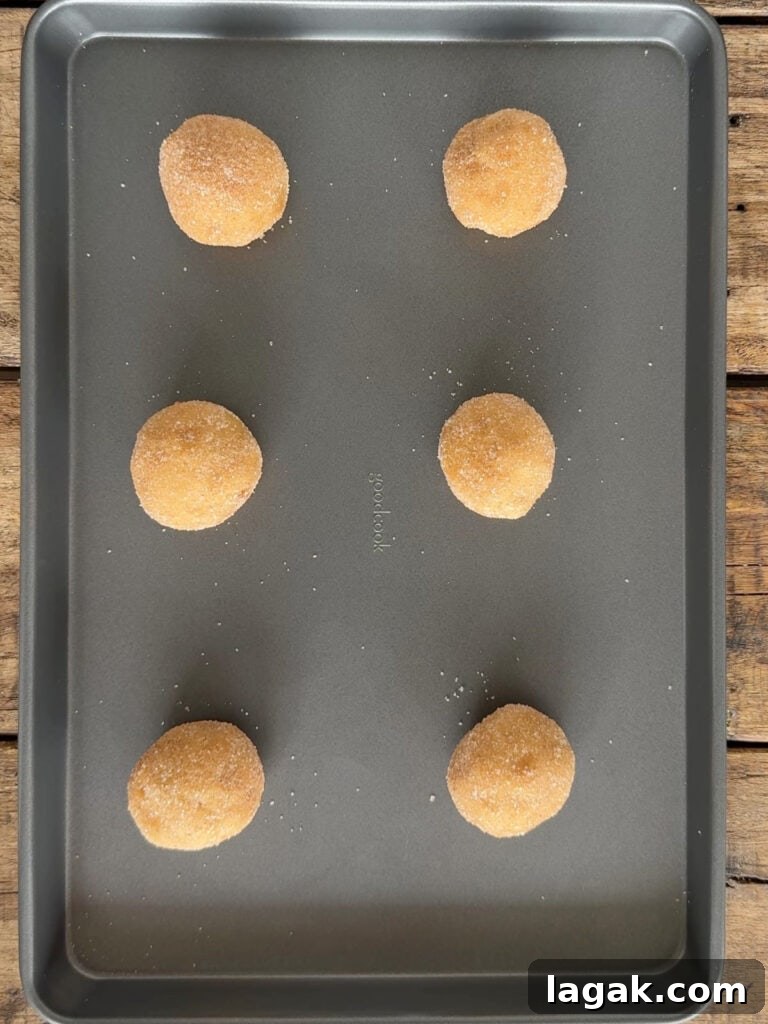 Chewy Browned Butter Snickerdoodle Cookies Recipe 9 Dark metal baking sheet with six cinnamon sugar coated cookie dough balls.