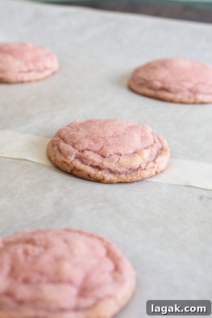 Strawberry Crinkle Cookies Recipe — Soft Pink Cookies for Spring 6 Crinkle cookies fresh out of the oven with cracked tops
