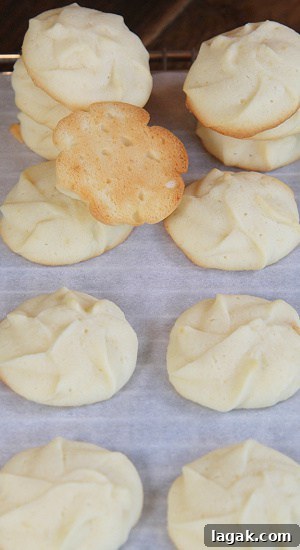 Homemade Butter Cookies are a classic Christmas dessert. Delicious cookie rounds cooling on parchment paper.