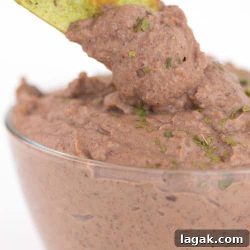a glass bowl of black bean dip with parsley flakes on top with a green tortilla chip dipping