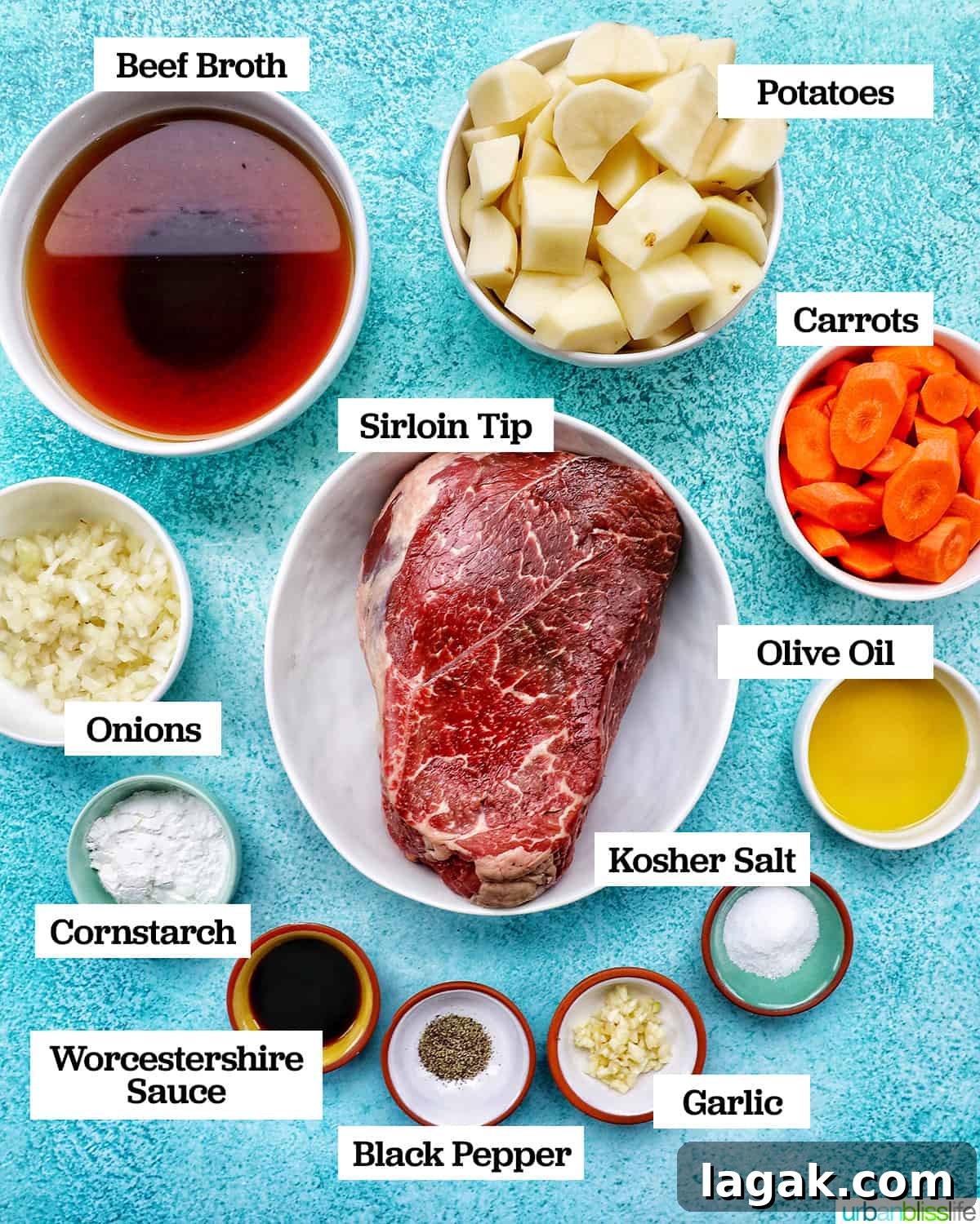 Tender Instant Pot Sirloin Tip Roast Recipe for Juicy Results 4 bowls of ingredients to make Instant Pot SIrloin Beef Roast on a blue table.