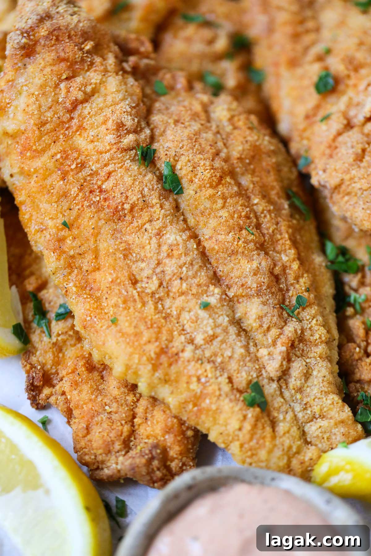 Crispy Oven-Baked Catfish with Garlic and Lemon 3 close up of oven fried catfish.