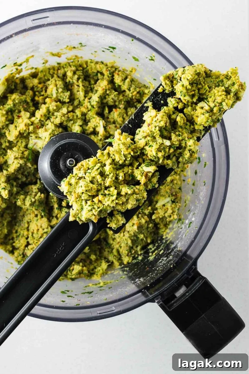 Crispy Baked Falafel Using Canned Chickpeas 8 Close-up of the required coarse texture of the falafel mixture using canned chickpeas.