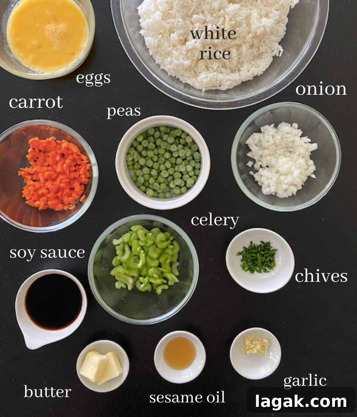 Crispy Blackstone Fried Rice Recipe for Restaurant-Style Flavor 3 Ingredients for blackstone fried rice on black countertop.
