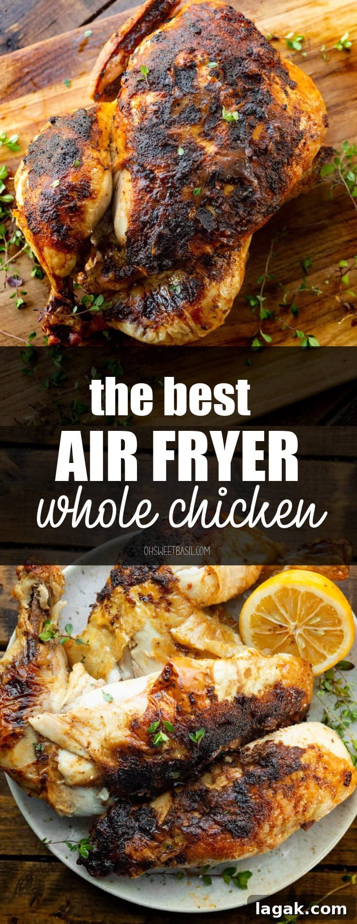 Crispy Air Fryer Whole Chicken Recipe (+ Step-by-Step Video) 6 crispy whole chicken on wooden board with herbs