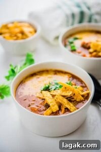 slow cooker spicy chicken enchilada soup in white bowls topped with tortilla strips and cilantro