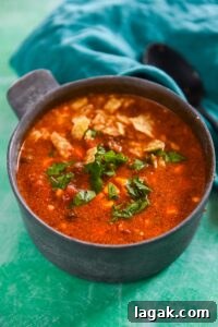 Beef enchilada soup in metal bowl topped with chopped cilantro