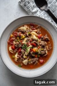 overhead look at gray bowl filled with vegetable beef soup