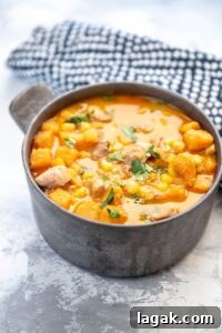 chicken and sweet potato chowder in a bowl