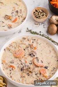 Large bowl of Slow Cooker Chicken and Wild Rice Soup served