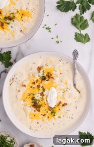overhead shot of white bowl with silver spoon containing potato soup garnished with sour cream cheddar cheese, back and green onion, with second bowl in background surrounded by parsley