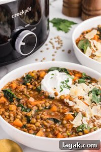 bowl of slow cooker lentil soup in front of slow cooker