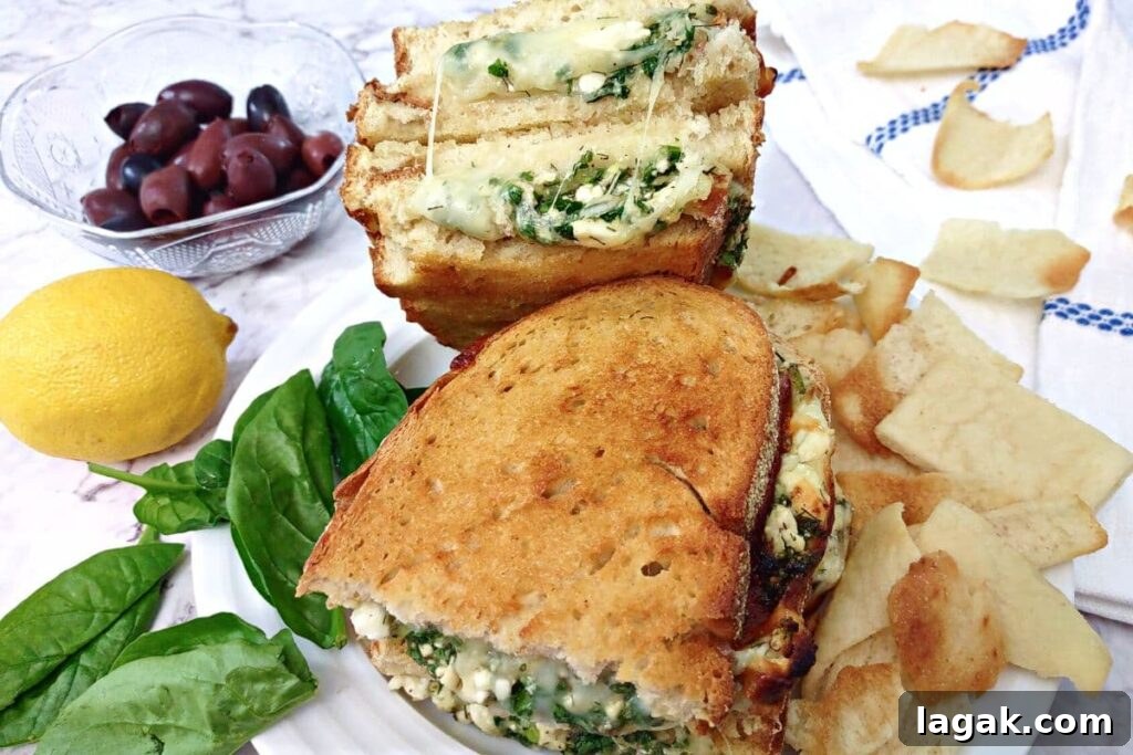 Spanakopita Grilled Cheese Sandwich (Air Fryer Greek-Style) 13 spanakopita grilled cheese halves on a plate with pita chips