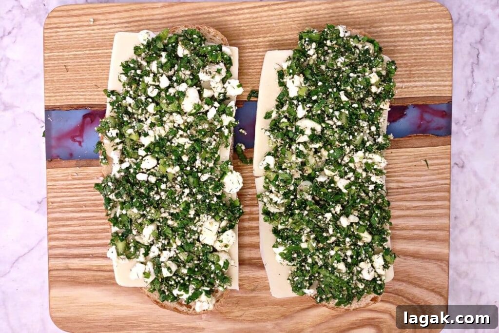 Spanakopita Grilled Cheese Sandwich (Air Fryer Greek-Style) 9 spread spinach mixture over mozzarella cheese