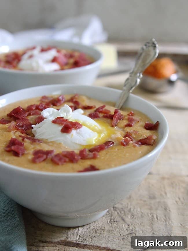 Pumpkin bacon grits with poached eggs