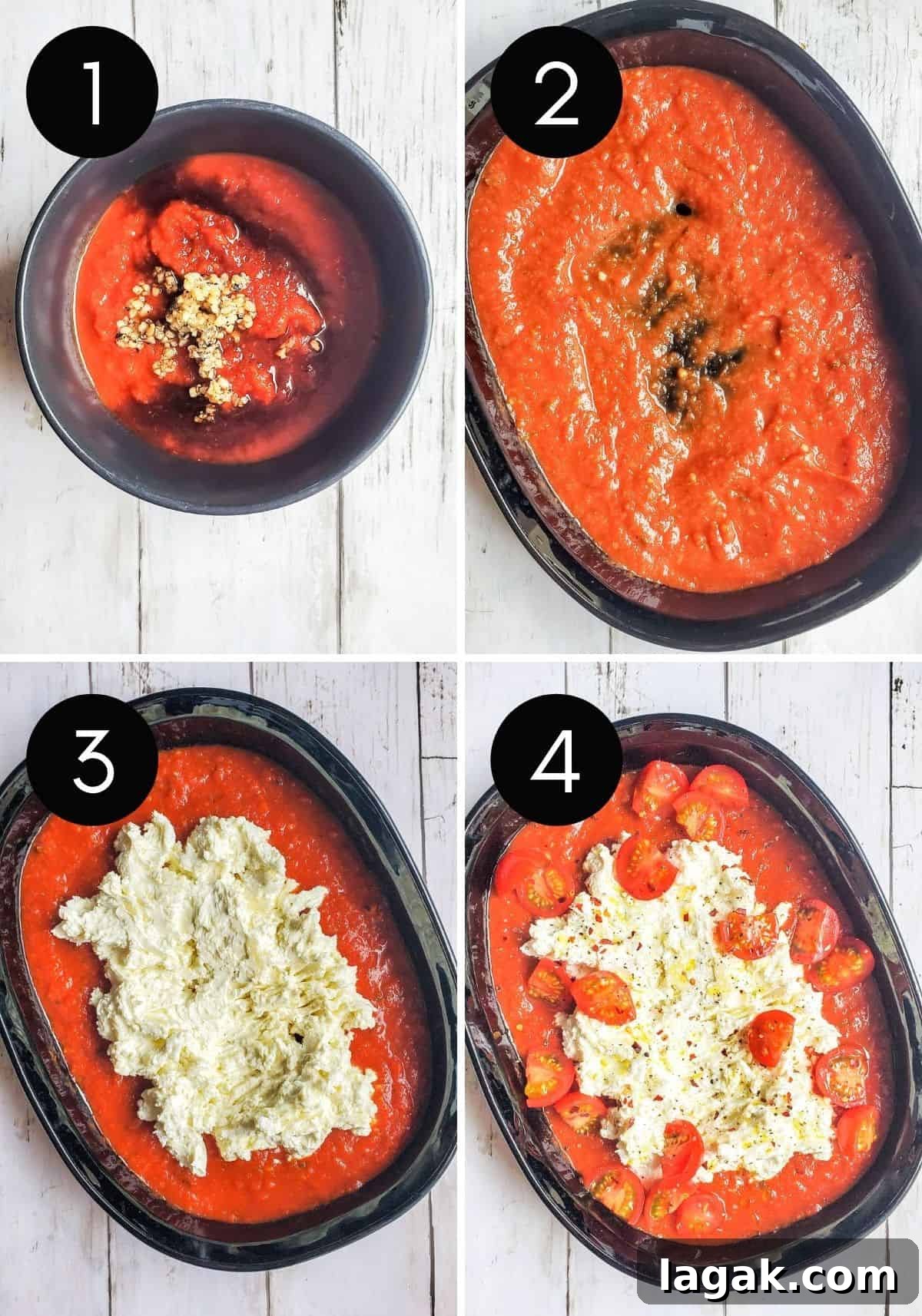 Four prep image shots showing sauce being made and dip being assembled.