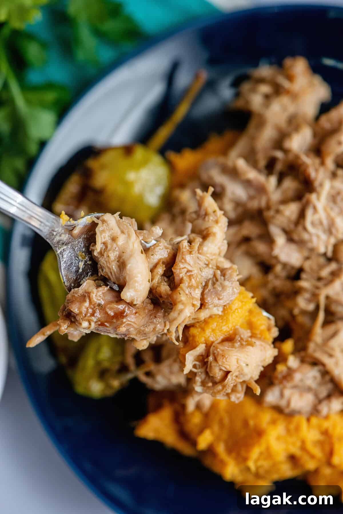 Mississippi Chicken Served Over Creamy Mashed Sweet Potatoes 14 Close-up of a forkful of tender, juicy Mississippi chicken served over mashed sweet potatoes, with pepperoncini peppers visible in the background on a dark blue plate.