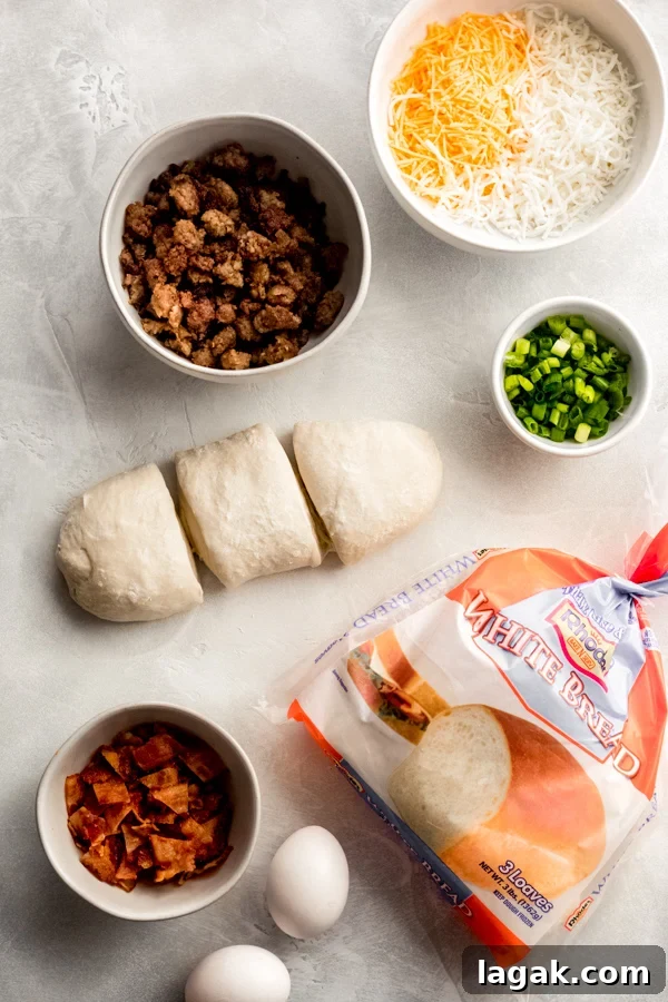 Breakfast pizza ingredients in bowls. Breakfast pizza ingredients in bowls.