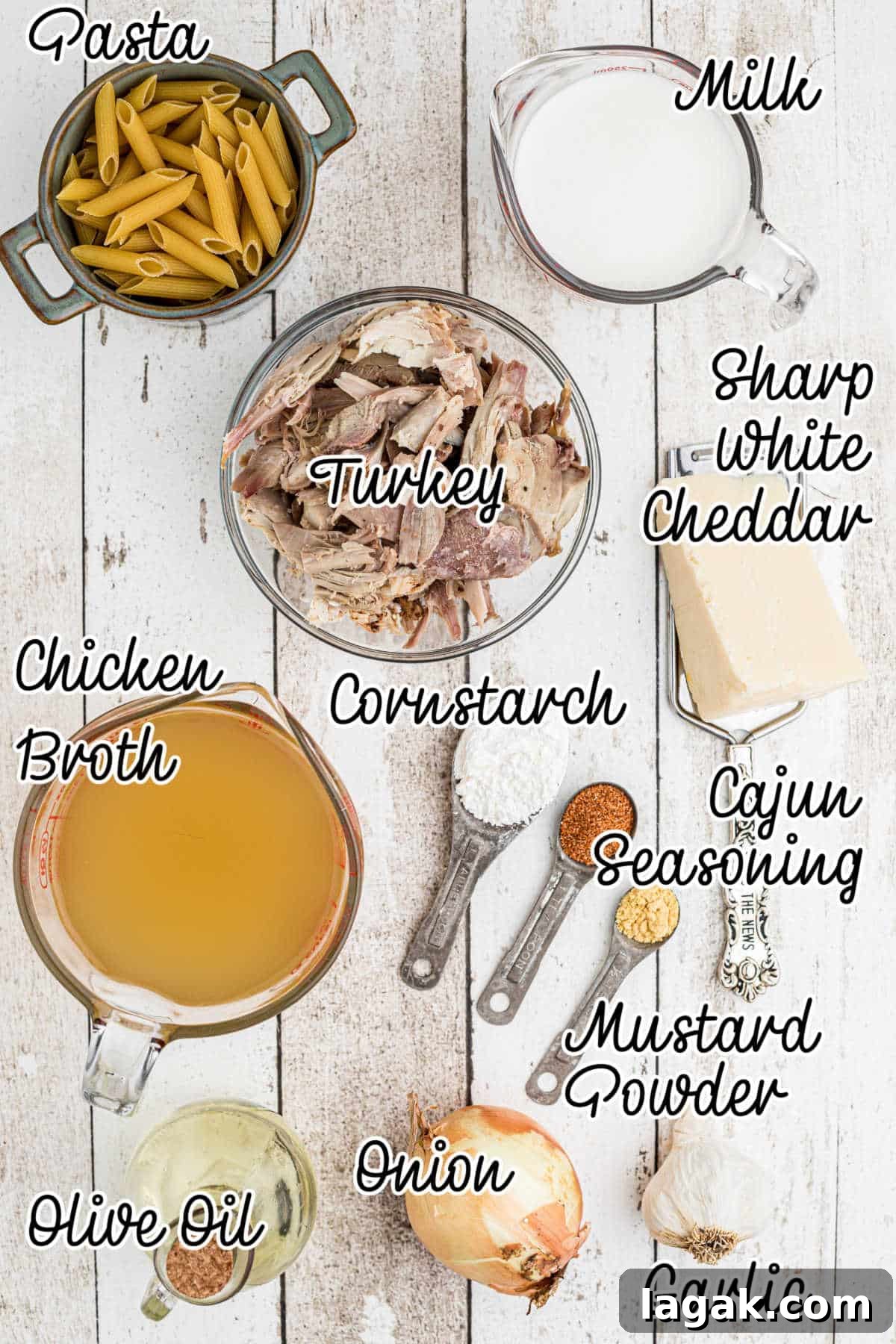 Ingredients laid out, what is needed to make a one pot turkey pasta.