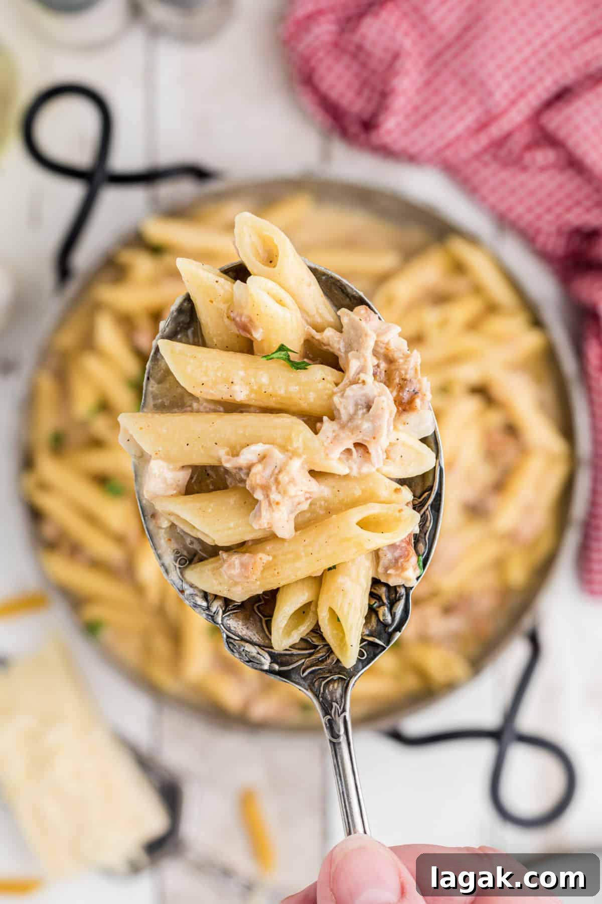 One pot turkey pasta with a spoonful shown close up.